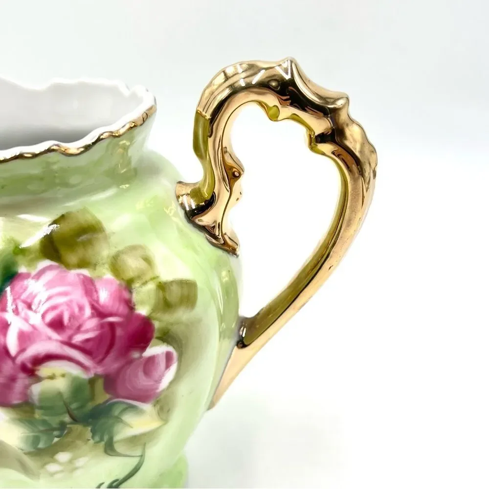 Vintage Lefton Green Heritage Roses Gold Trim Small Pitcher 4172‎ Hand Painted